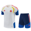 Conjunto hombre Selección Colombia temporada 2026 2027 oficial camiseta blanca y pantalón corto azul marino fútbol técnica transpirable Cafeteros entrenamiento.
