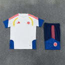Conjunto hombre Selección Colombia temporada 2026 2027 oficial camiseta blanca y pantalón corto azul marino fútbol técnica transpirable Cafeteros entrenamiento.