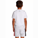 Conjunto infantil Manchester City tercera equipación 2025 2026 niños kit completo camiseta blanca y pantalón corto oficial fútbol niños City 25/26 vista dorsal.