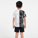 Conjunto infantil Real Madrid edición especial dragón 2025 2026 niños kit completo camiseta dual mitad blanca mitad negra y pantalón corto oficial fútbol niños Madrid 25/26 exclusivo.